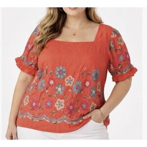 Parami Design Womens Boho Embroidered Top Size 2X Orange Floral Sequin Blouse